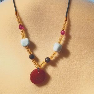 Necklace Hessonite Garnet, faux Turquoise, acrylic beads on a green satin cord